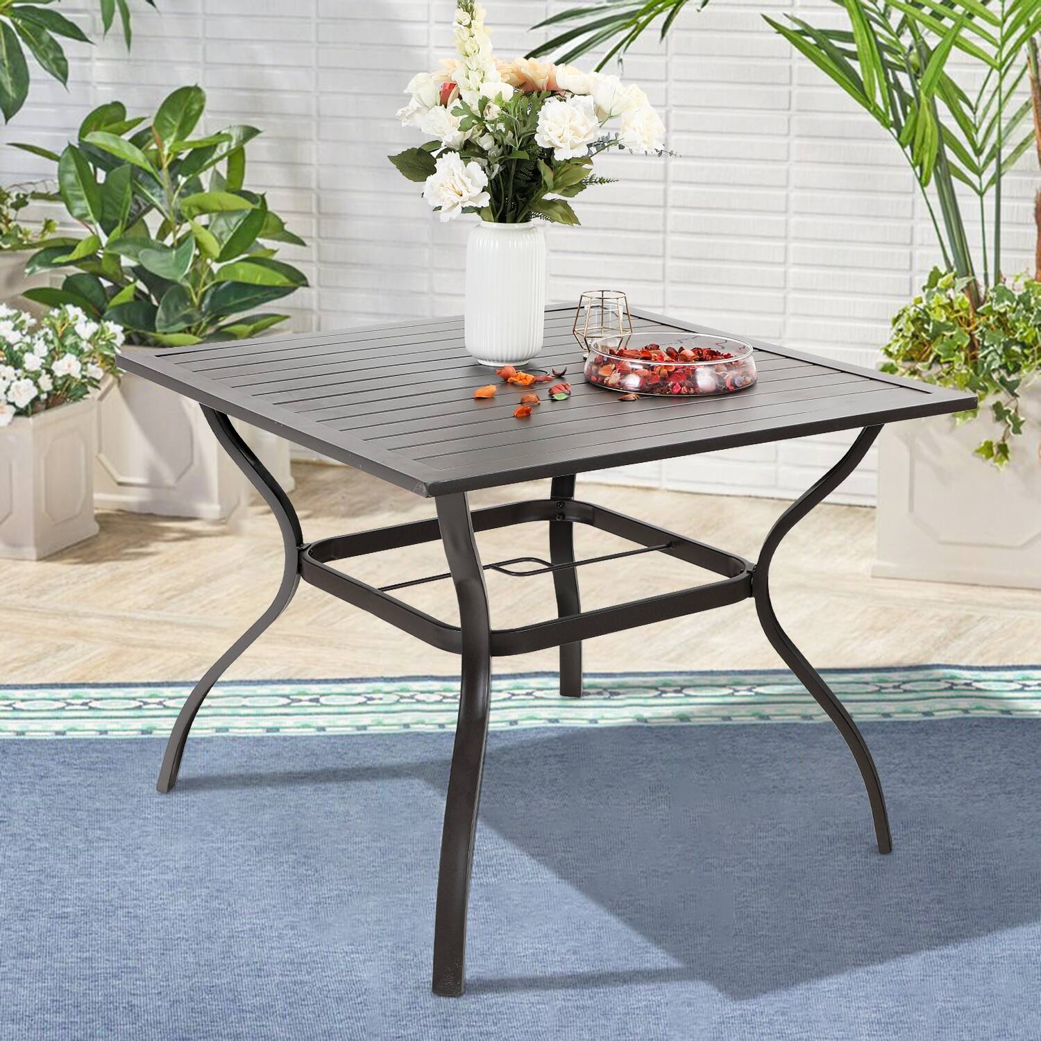 Phi Villa 37" Metal Steel Slat Patio Dining Table , 1.57" Umbrella Hole, Black Bed Bath